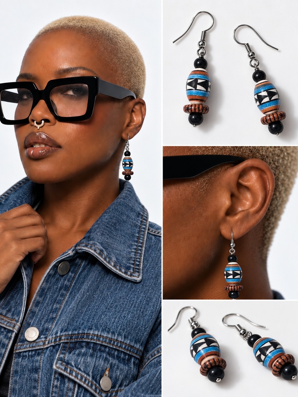 Boho Blue Striped Bead Drop Earrings - Women Jewelry